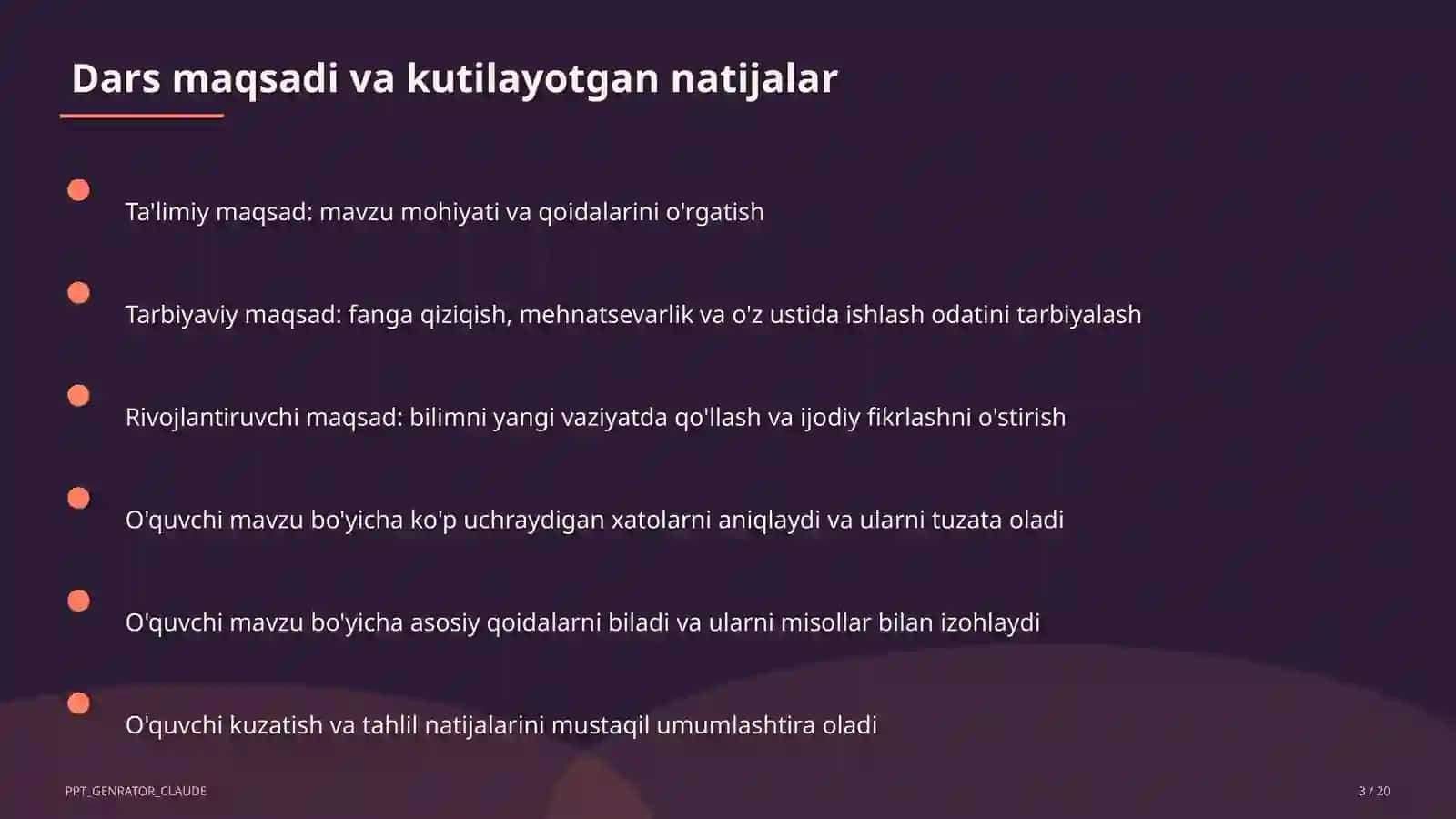 Sinf soati va tarbiyaviy tadbirlar (1–11) — ochiq dars uchun 3