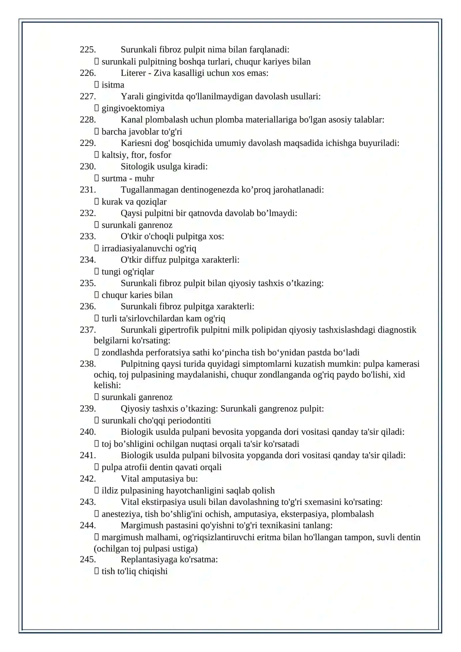 Stomotologiyadan testlar va javoblari to’plami 3