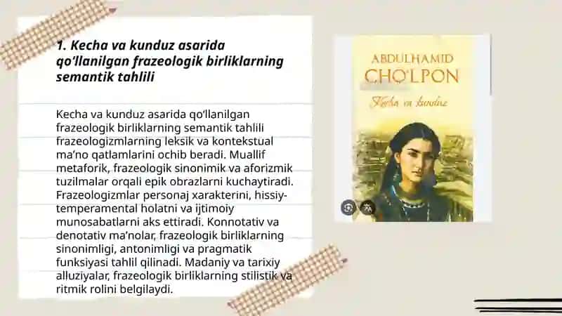 Abdulhamid Choʻlponning Kecha va kunduz asarida qoʻllanilgan frazeologik birliklar tahlili 3