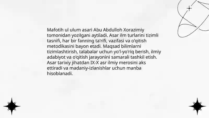 Abu Abdulloh Xorazimiyning "Mafotih ul ulum" Asari tarkibi tuzilishi M.Ziyoviddinova tarjimasi 3