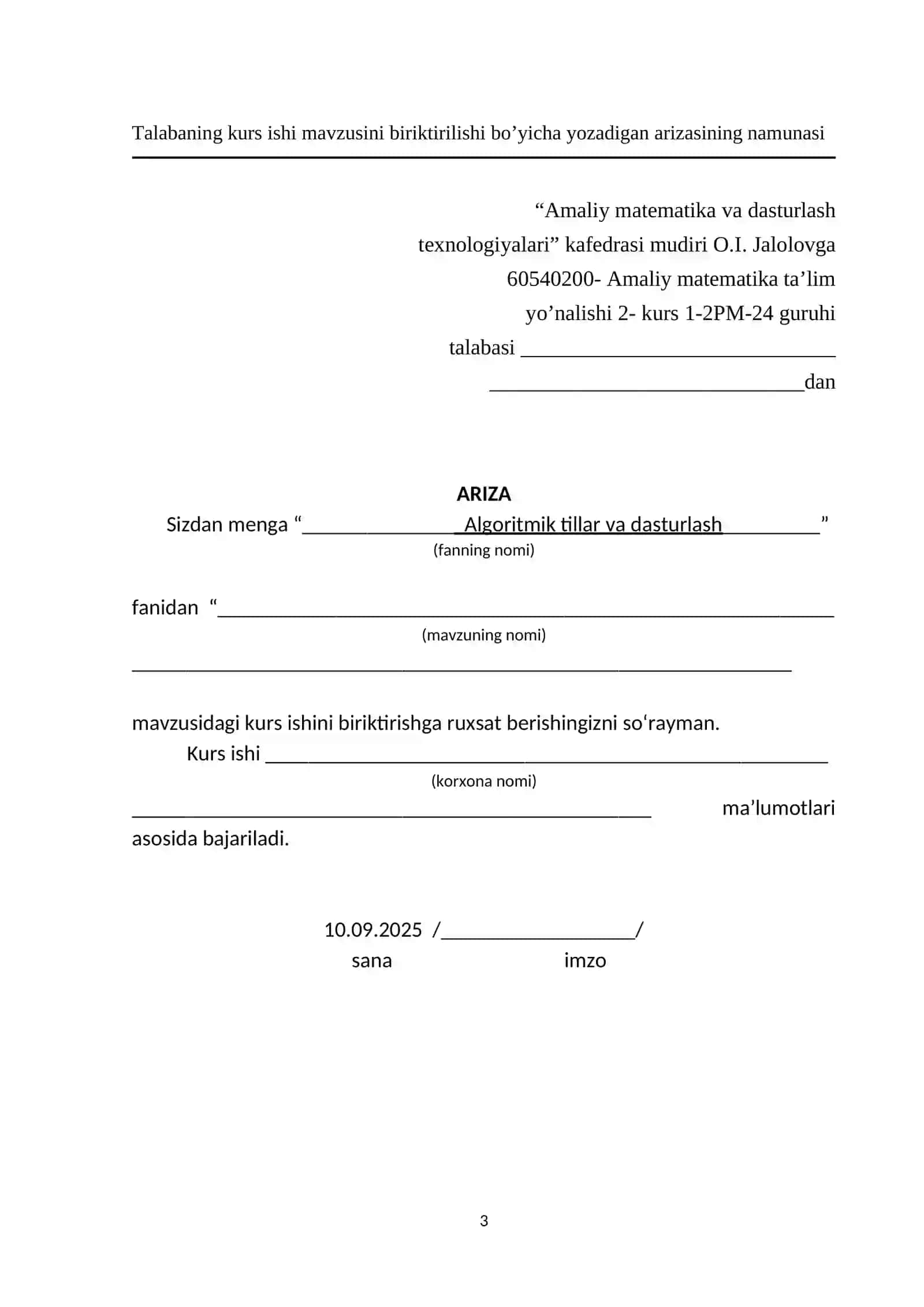 ALGORITMIK TILLAR VA DASTURLASH KURS ISHI 3
