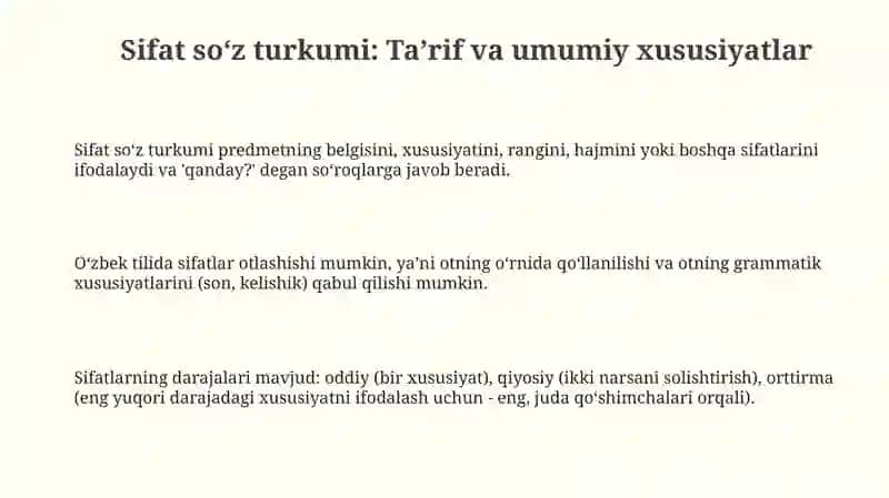 Sifat soʻz turkumi va sifatning maʼno turlari grammatik xususiyatlari 3