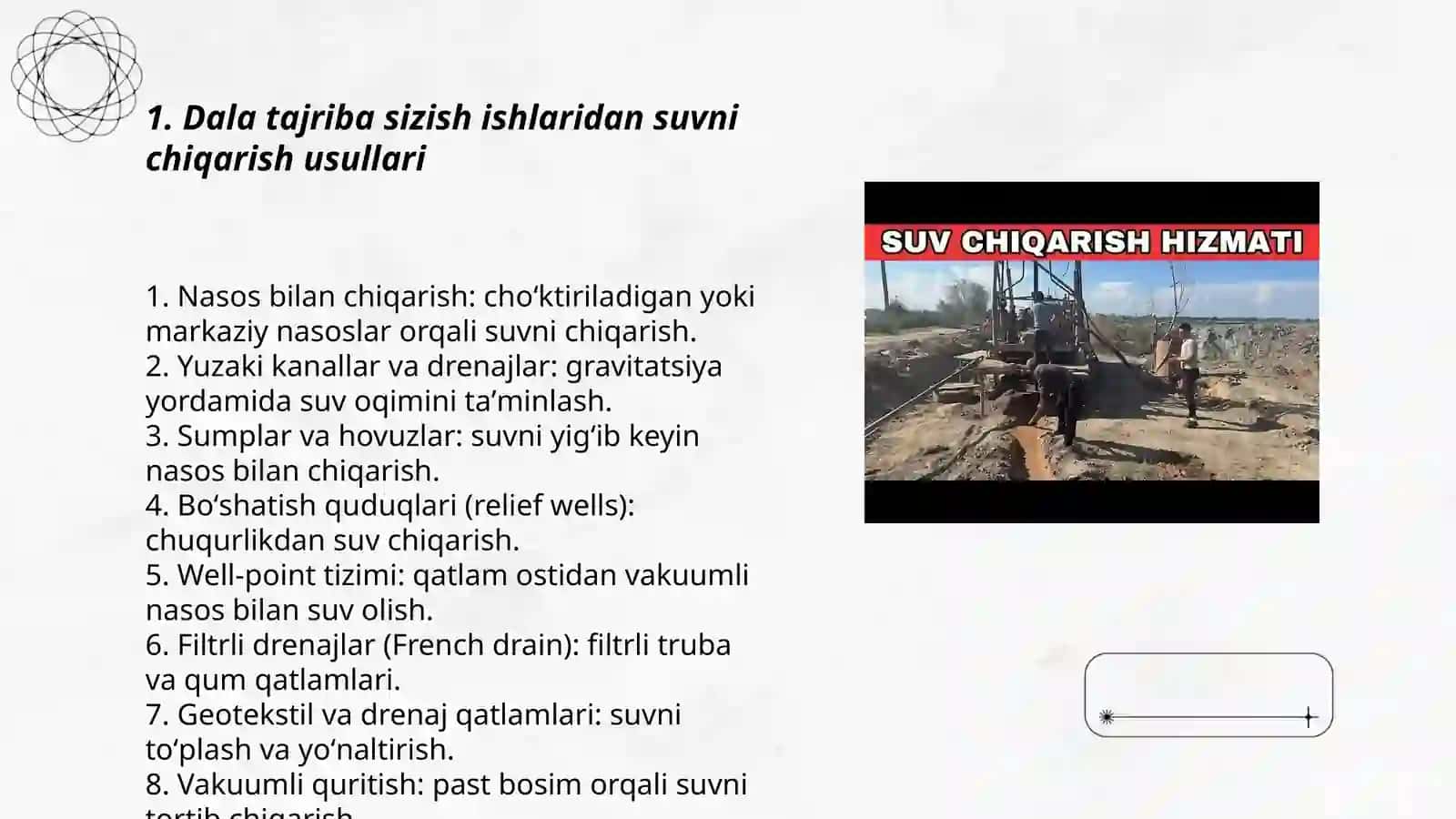 Dala tajriba sizish ishlaridan suvni chiqarish usullari 3