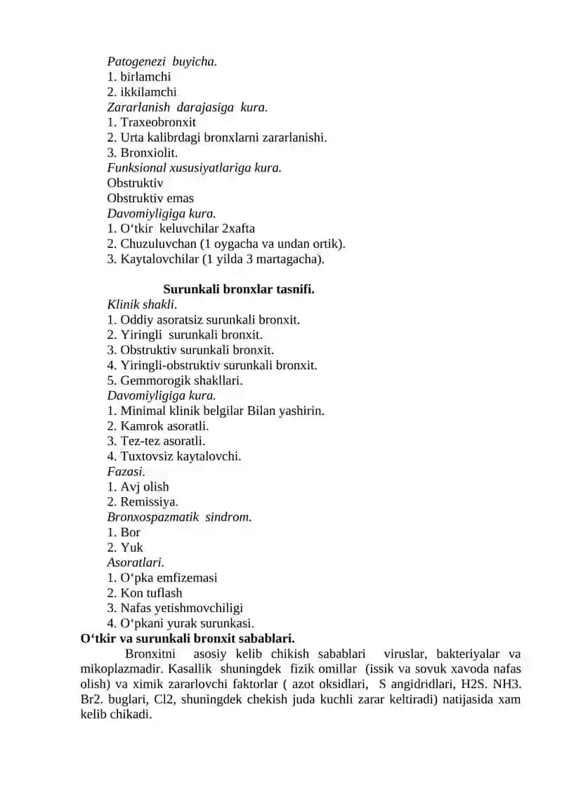Bronxo-obstruktiv sindrom. O‘tkir va surunkali bronxit, Surunkali o‘pka obstruktiv kasalligi (SO‘OK), bronxial astma, o‘pka yemfizemasi bilan og‘rigan bemorlarni tekshirish va diagnostikasi. 3