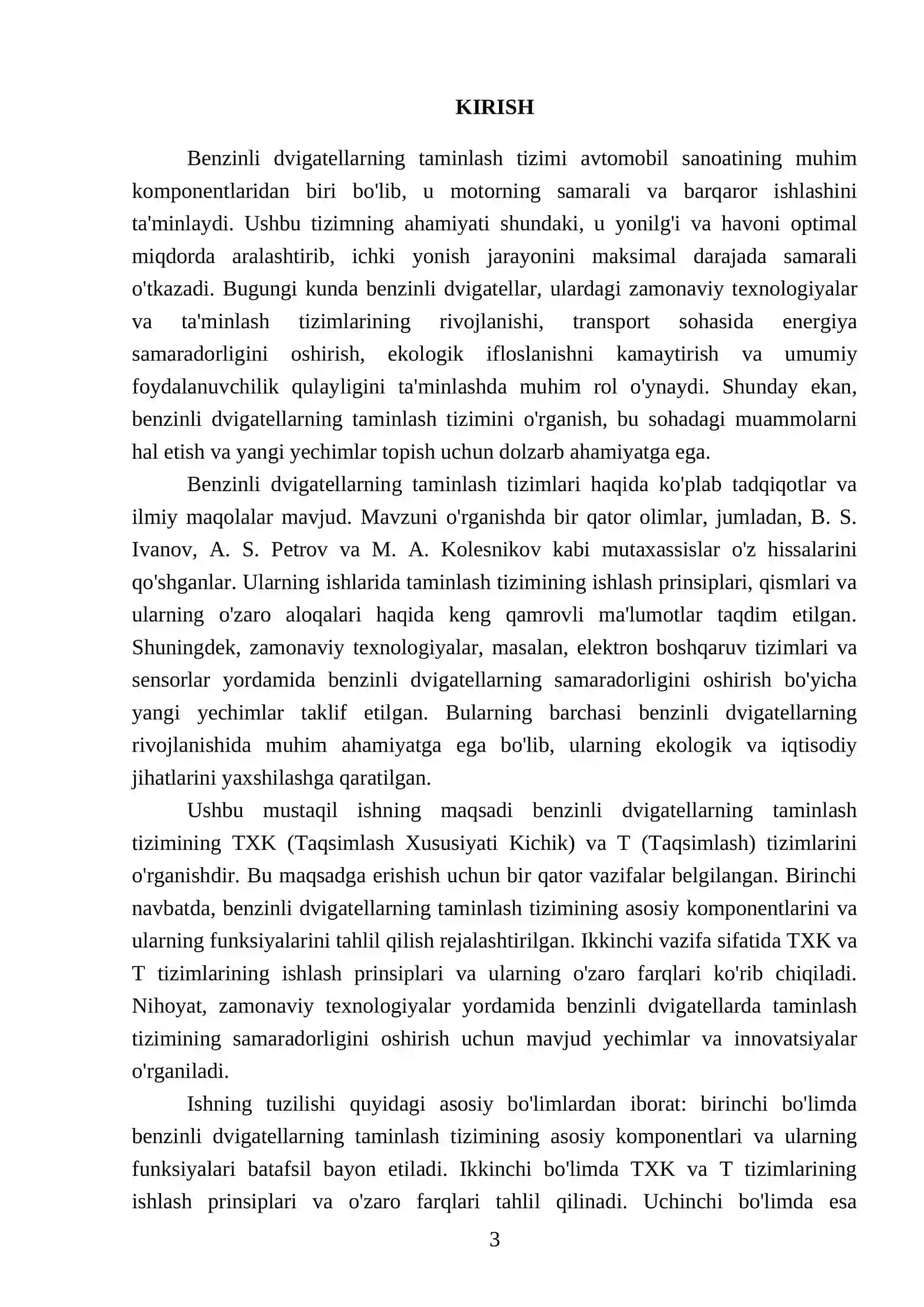 Benzinli dvigatellarning taminlash tizimiga TXK va T 3