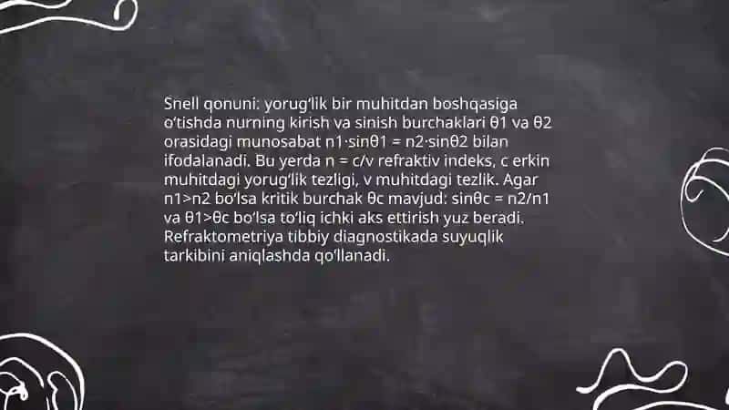 Yorugʻlikning sinish va qaytarish qonuni. Tibbiy tashxis amaliyotida refraktometrik usullarning qoʼllanishi 3