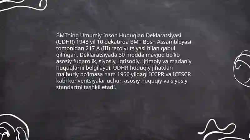 Inson huquqlari boycha xalqaro billning tarkibiga qanday hujatlar kiradi 3