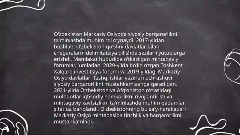 Oʻzbekiston Markaziy Osiyo Tinchlik va barqarorlikni taʼminlashdagi oʻrni Boyuzoqova Sevinch 3