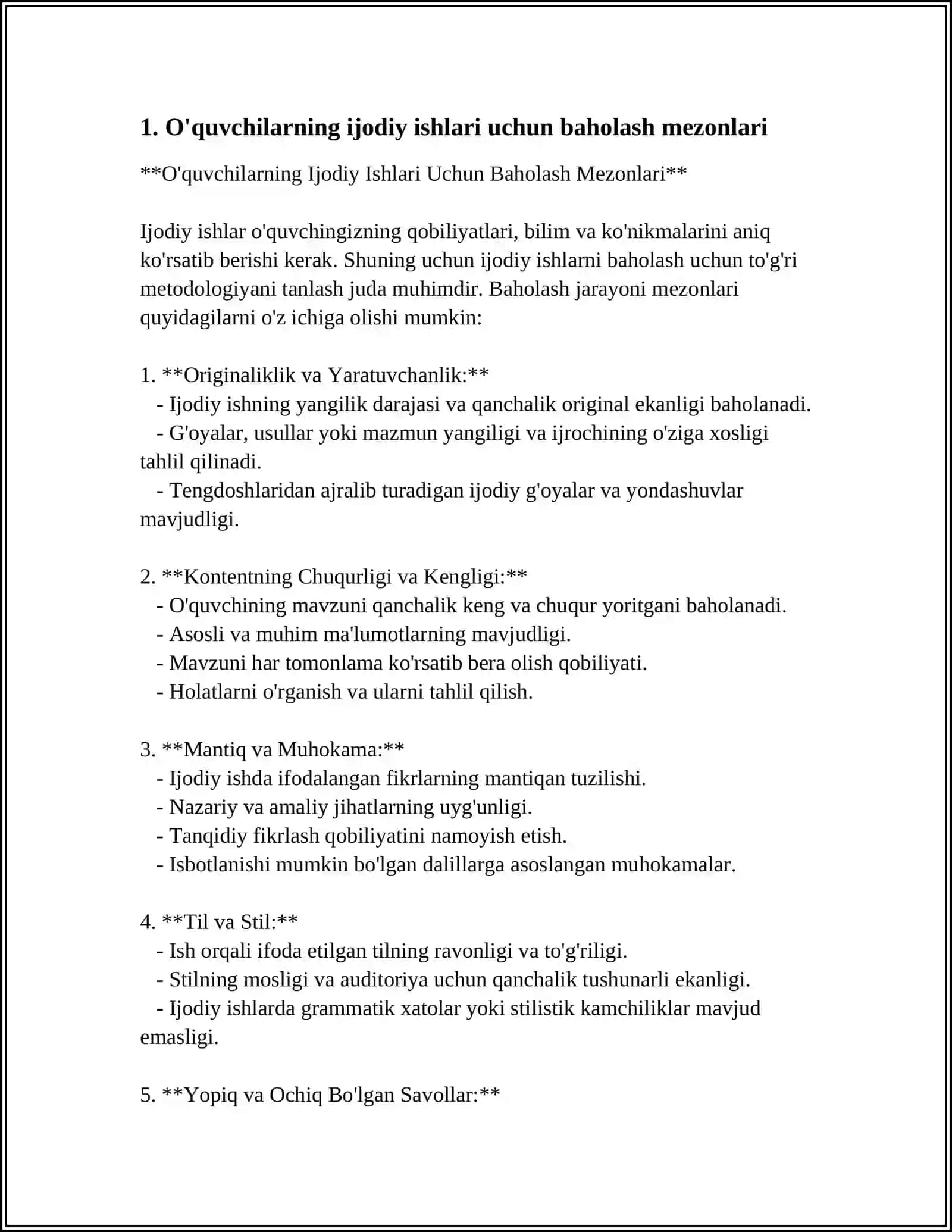 O'quvchilarning Ijodiy Ishlari Uchun Baholash Mezonlari 3
