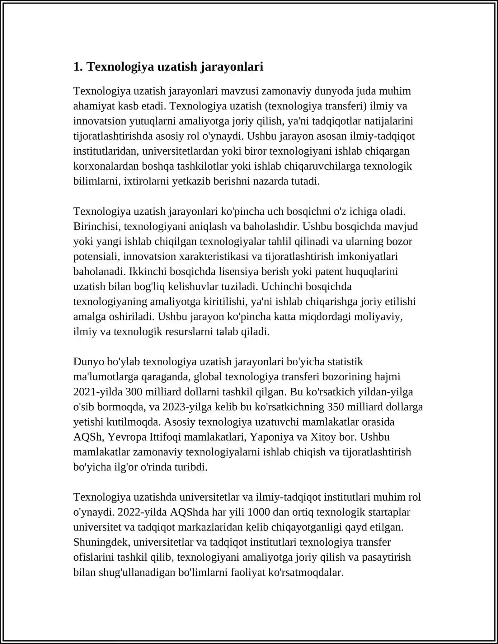 MUSTAQIL ISH Mavzu: TRANSFER TEXNOLOGIYASI 3