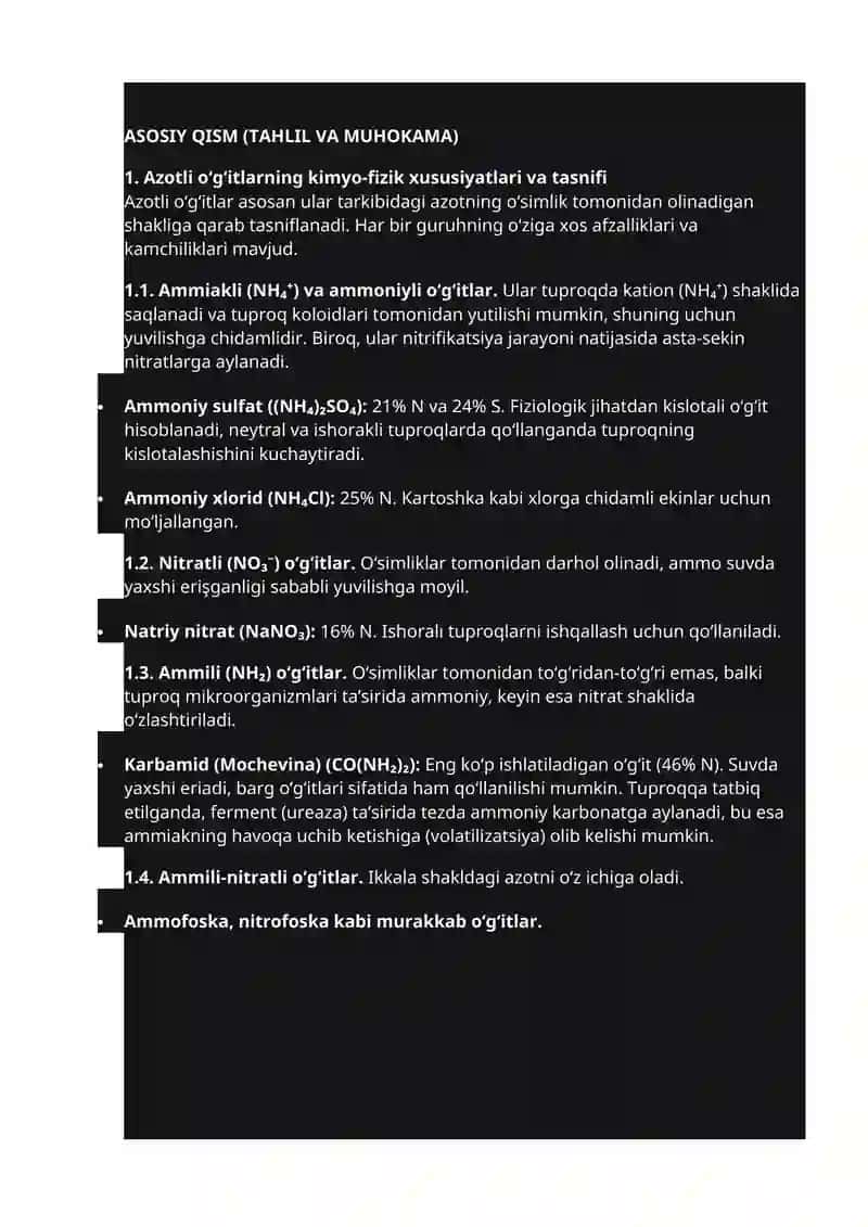 Azotli O‘g‘itlar: Zamonaviy Turlari, Ishlab Chiqarish Texnologiyalari va Ulardan Oqilona Foydalanishning Agroekologik Asoslari 3