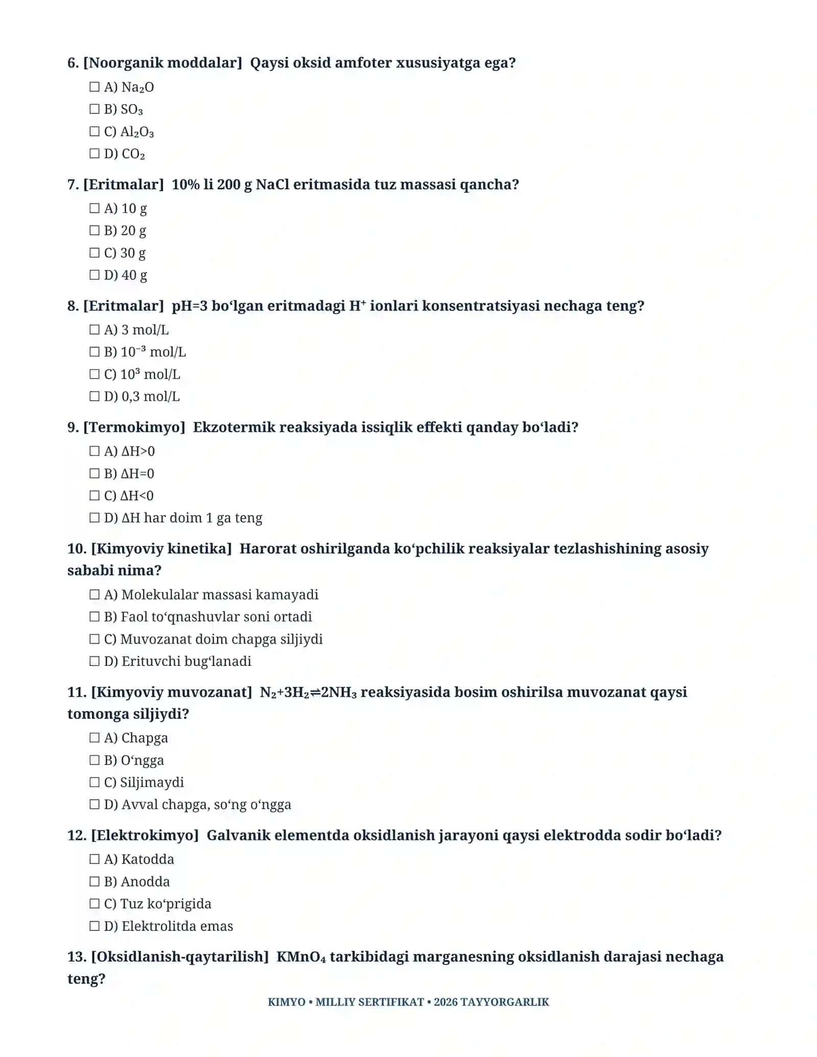 Kimyo fanidan Milliy sertifikat 2026 uchun 40 ta ehtimoliy test savollari 3