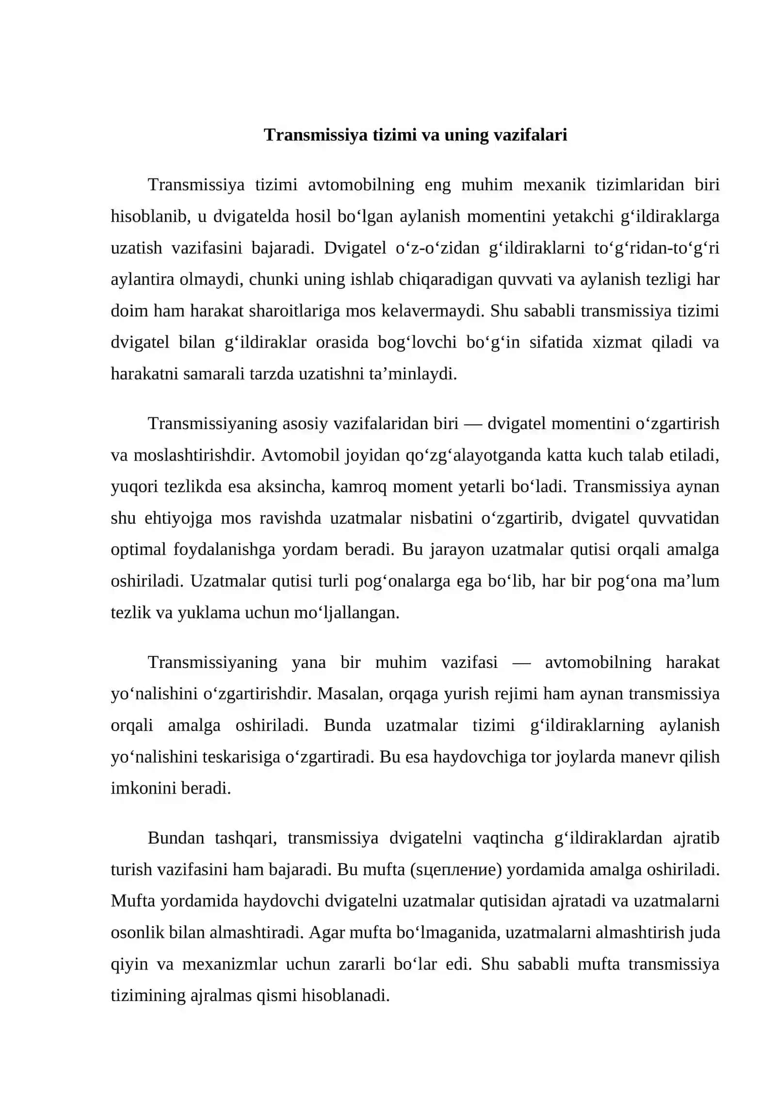 Chevrolet Damas transmissiyasining kinematik sxemasi va texnik tavsifi 3