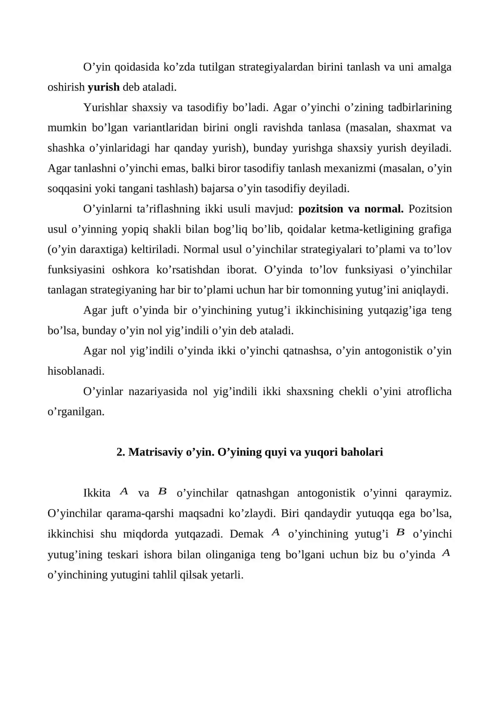 Pozitsion o’yinlar. Matrisali o’yinlar 3
