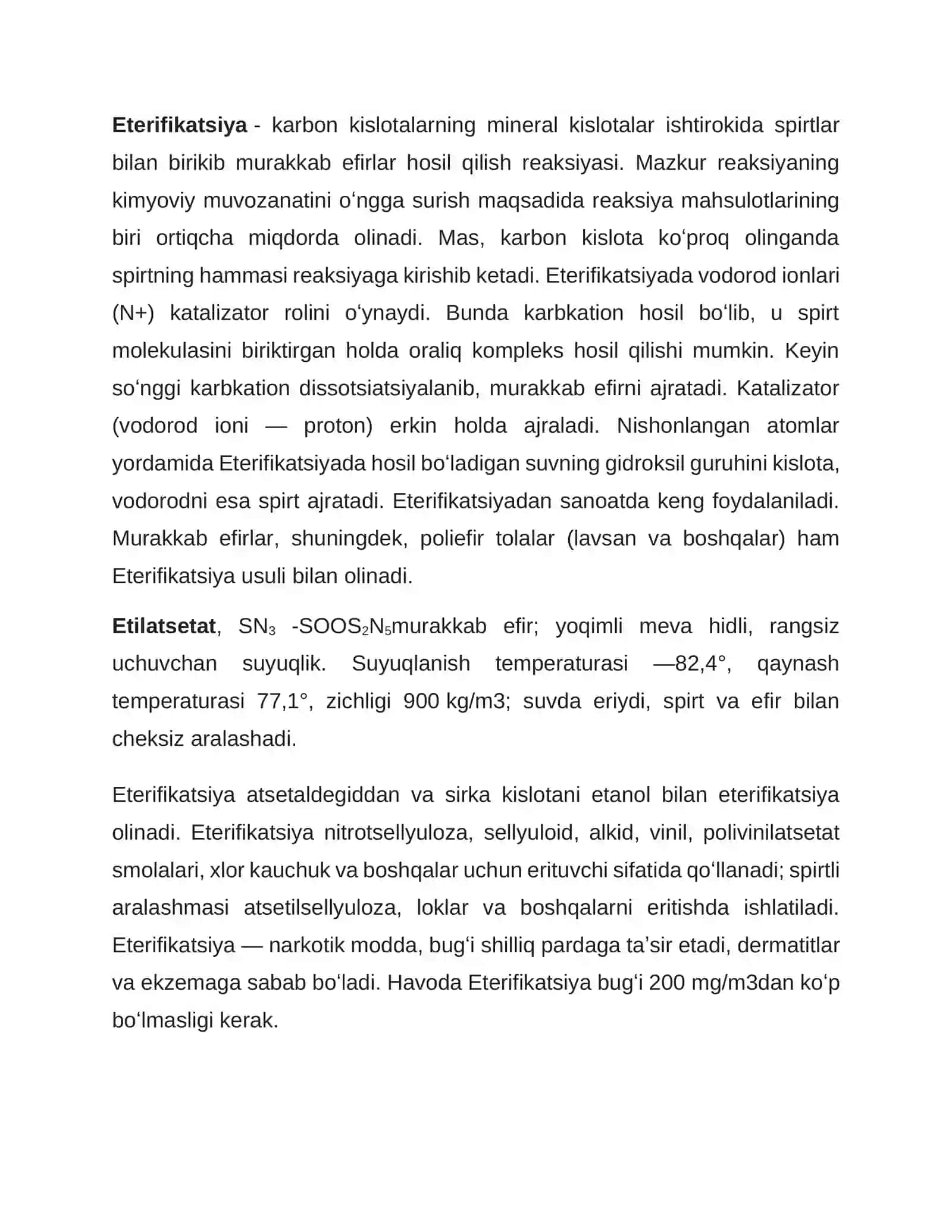 Eterifikatsiya jarayoni asosida etil atsesat ishlab chiqarish kimyosi va texnologiyasidagi efilizatorni hisoblash 3