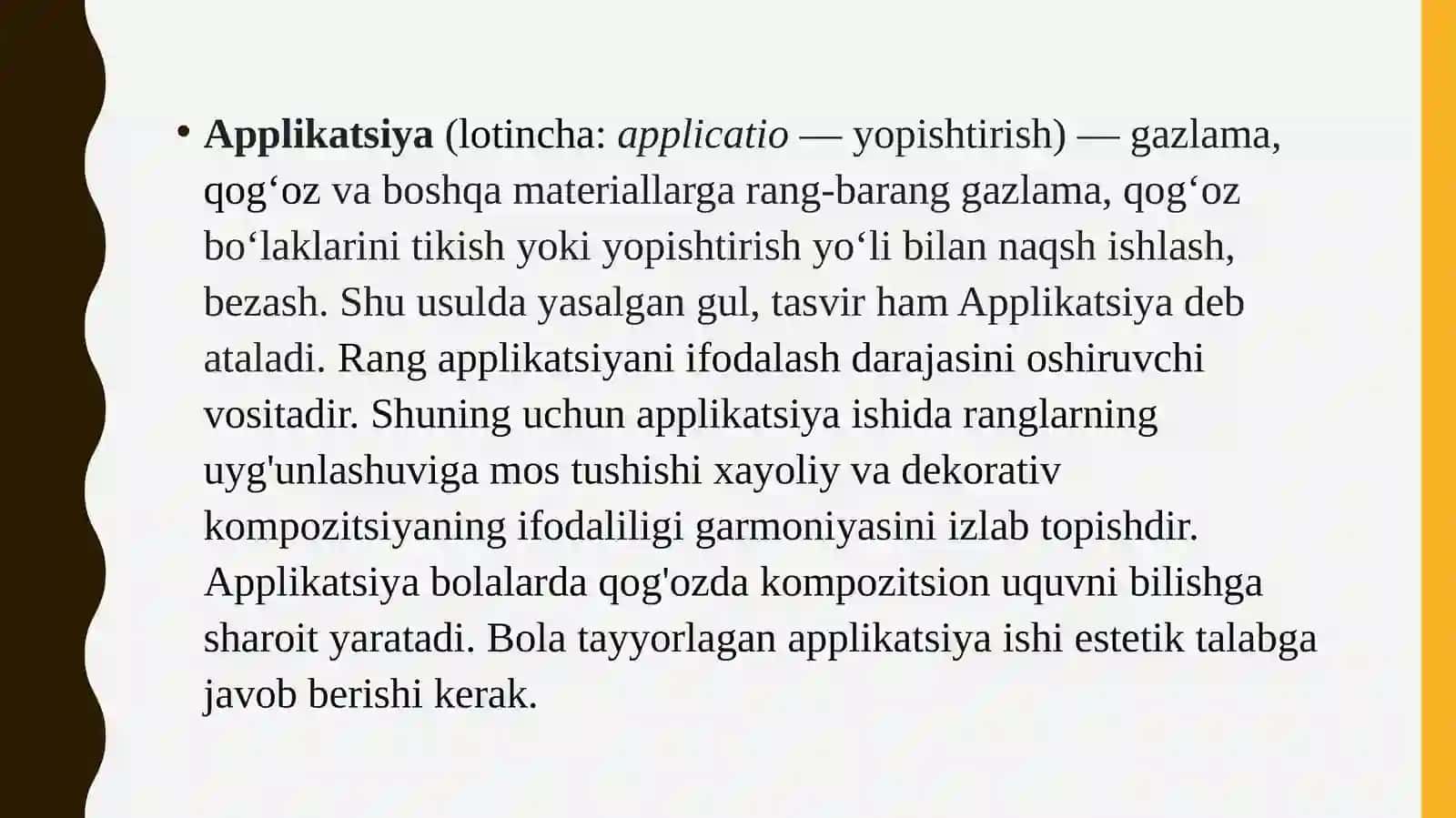 Applikatsiya–amaliysan’atturisifatida.MTTdaapplikatsiyaturlari.Kichik, o‘rta, katta, maktabga tayyorlov guruhlarida bolalarni applikatsiyaga o‘rgatish metodlari 3