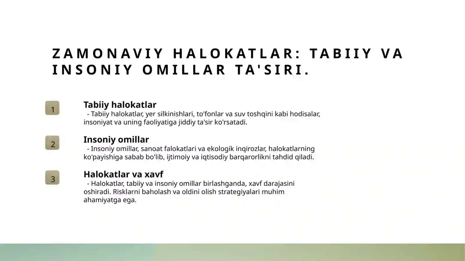 Halokatlar, ekstremal va favqulodda vaziyatlar to'g'risida zamonaviy tushunchalar 3