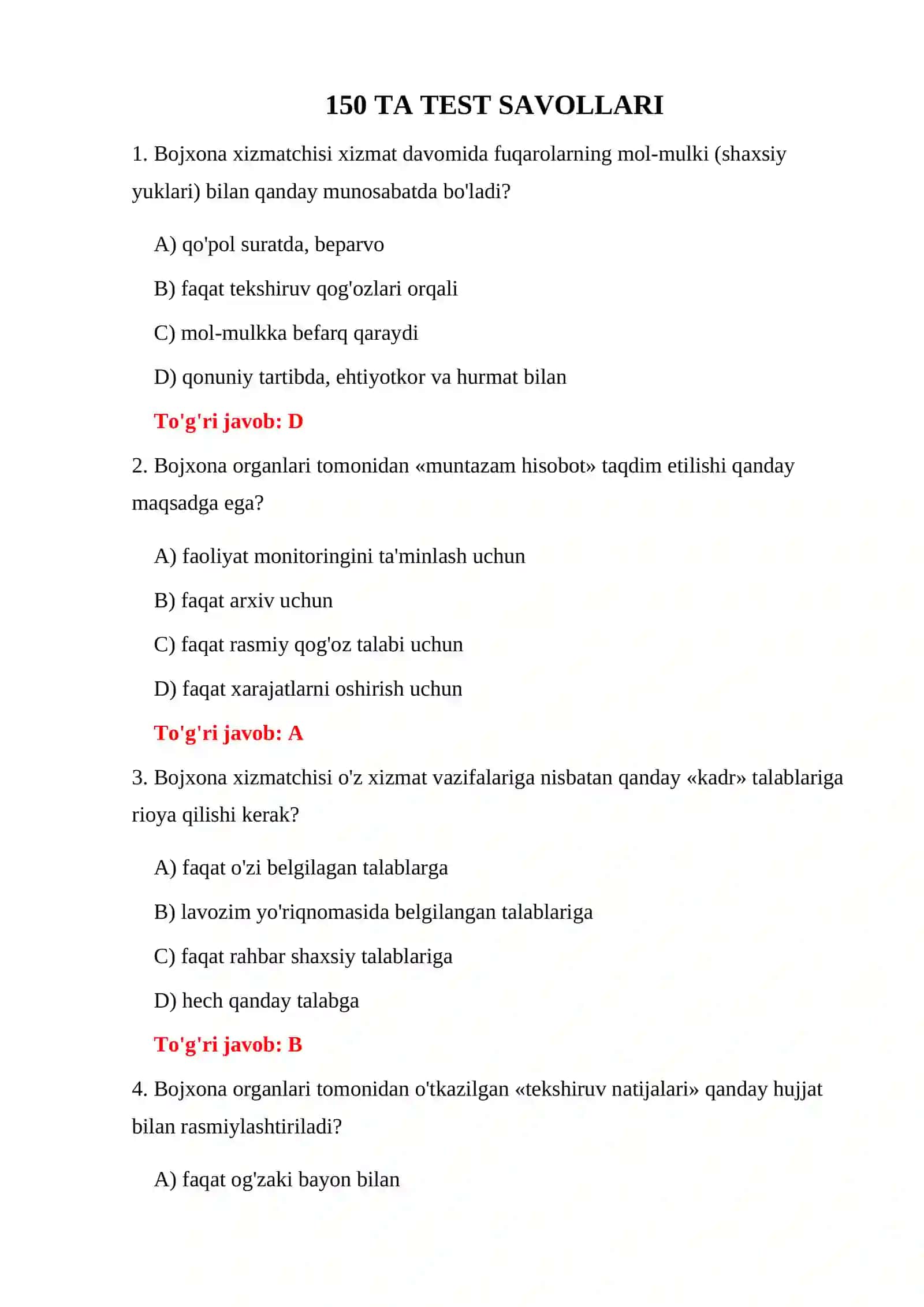BOJXONA XODIMLARI UCHUN TEST SAVOLLARI 3