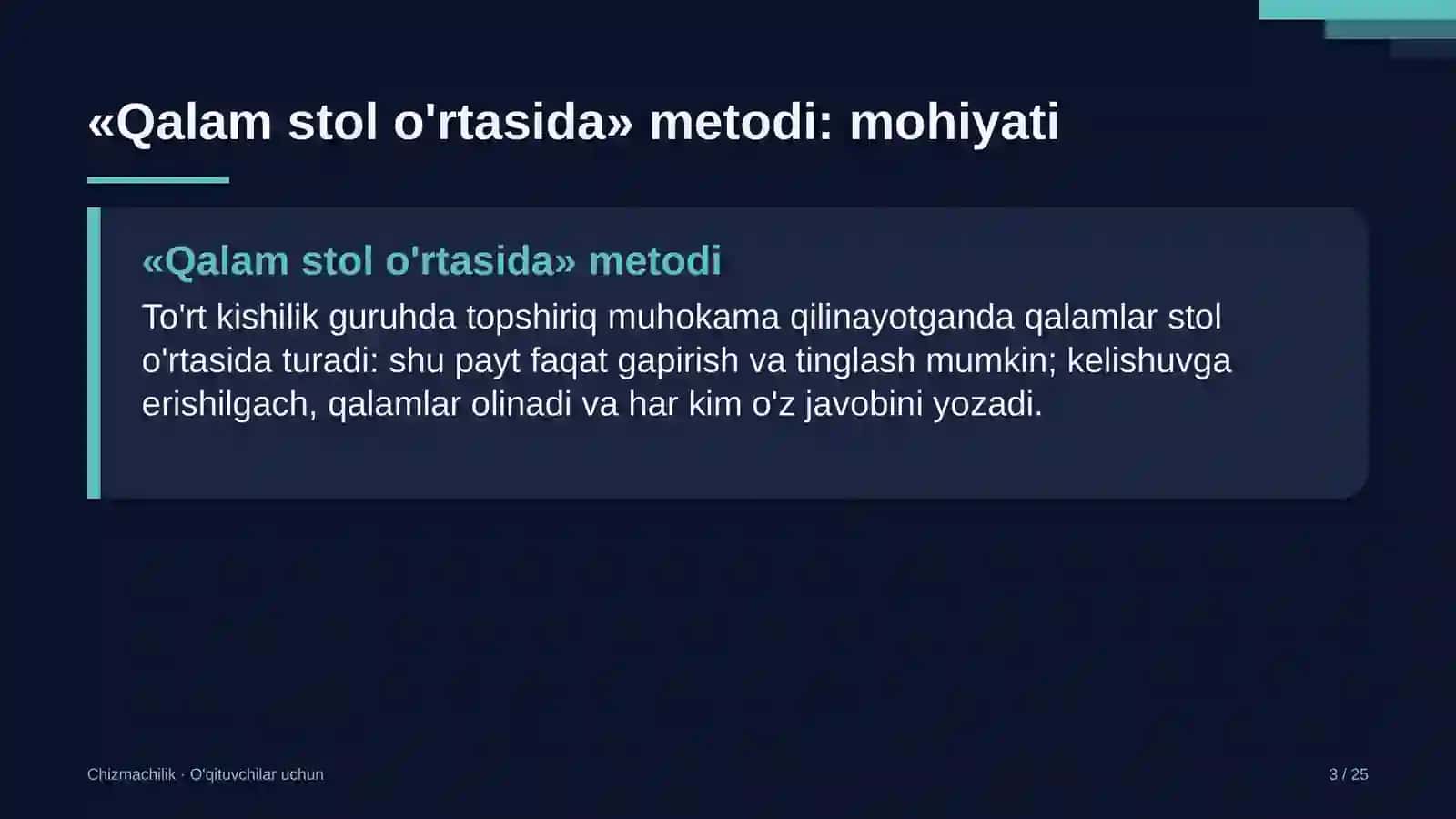 chizmachilik darslarida qalam stol o'rtasida metodidan foydalanish 2146 3