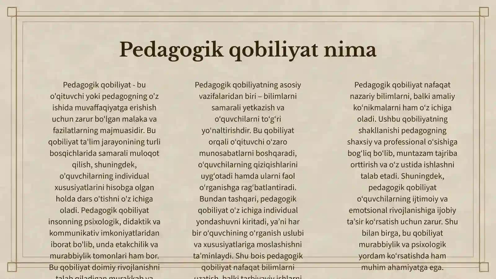 PEDAGOGIK QOBILIYATNI SHAKLLANTIRISH YO‘LLARI. KOMMUNIKATSIYA HAQIDA TUSHUNCHA. KOMMUNIKATIV QOBILIYAT VA PEDAGOGIK TA’SIR KO‘RSATISH. O‘QITUVCHI FAOLIYATIDA MULOQOT MADANIYATI VA PSIXOLOGIYASI. TAKT VA PEDAGOGIK TAKT HAQIDA TUSHUNCHA 3