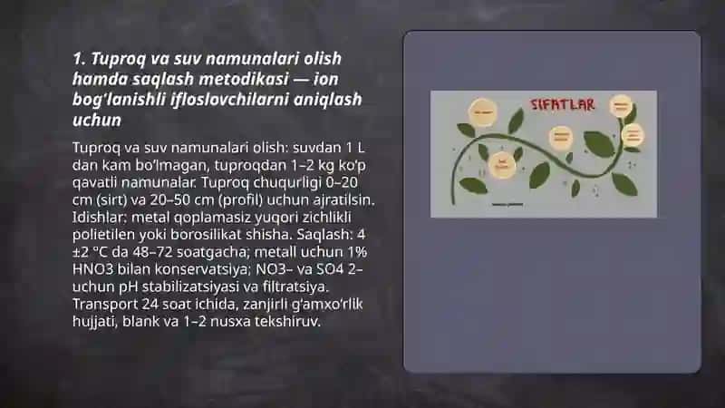 Tuproq va suvning ifloslanishida ion bog'lanishli ifloslovchi birikmalarni aniqlab,ulardan tozalash usulini ishlab chiqarish 3