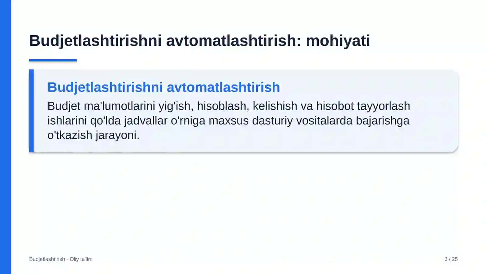 Yo'l xo'jaligida budjetlashtirishni avtomatlashtirish 3