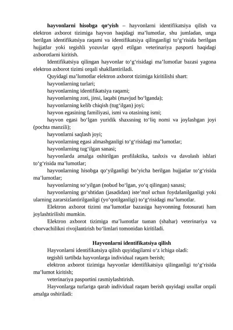 Hayvonlarni Identifikatsiya Qilish, Ularni Hisobga Olush va Hisobdan Chiqarish Tartibi 3