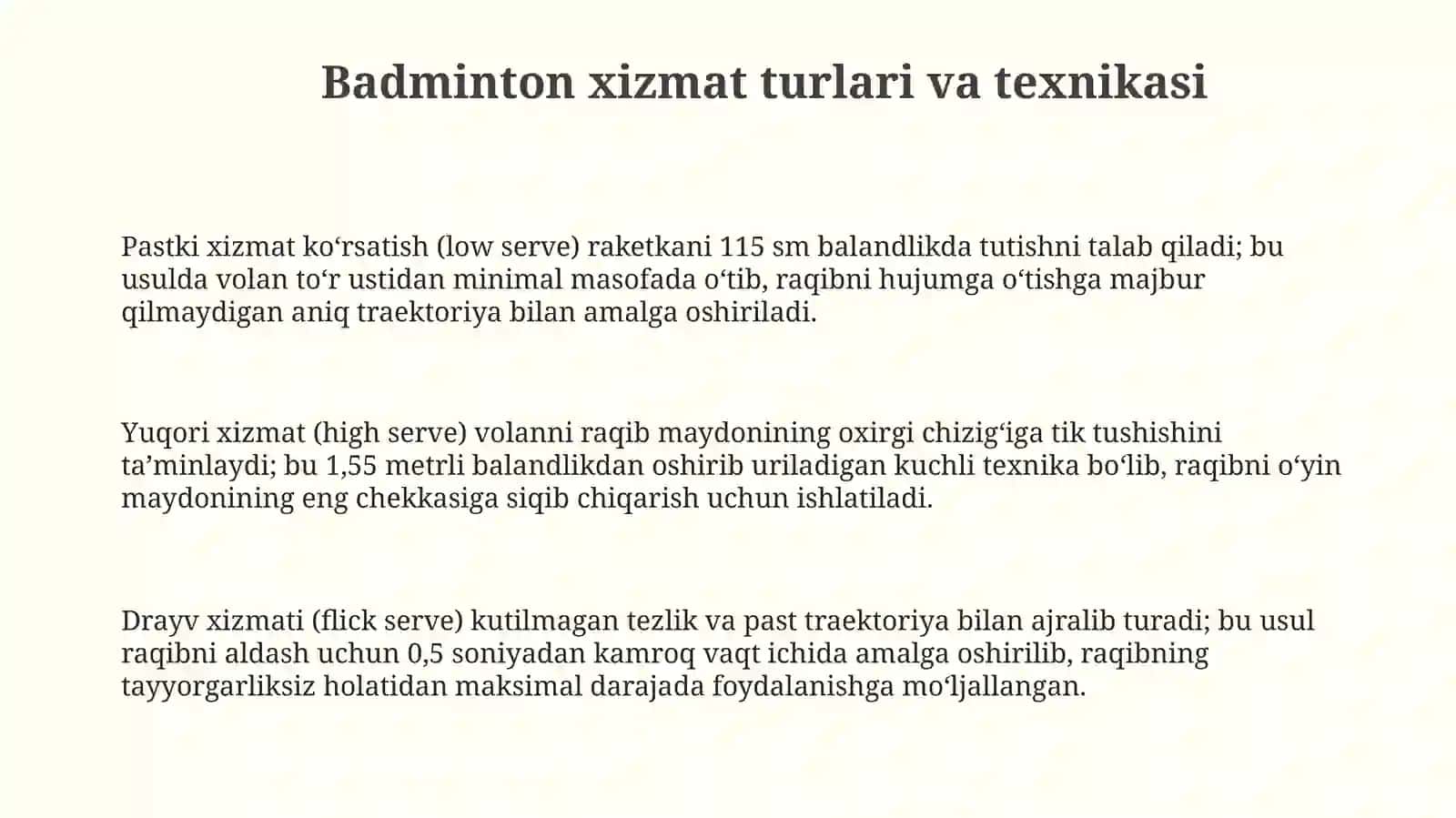 Badminton sport turida davolanni oʻyinga kiritish taktikasini takomillashtirish 3