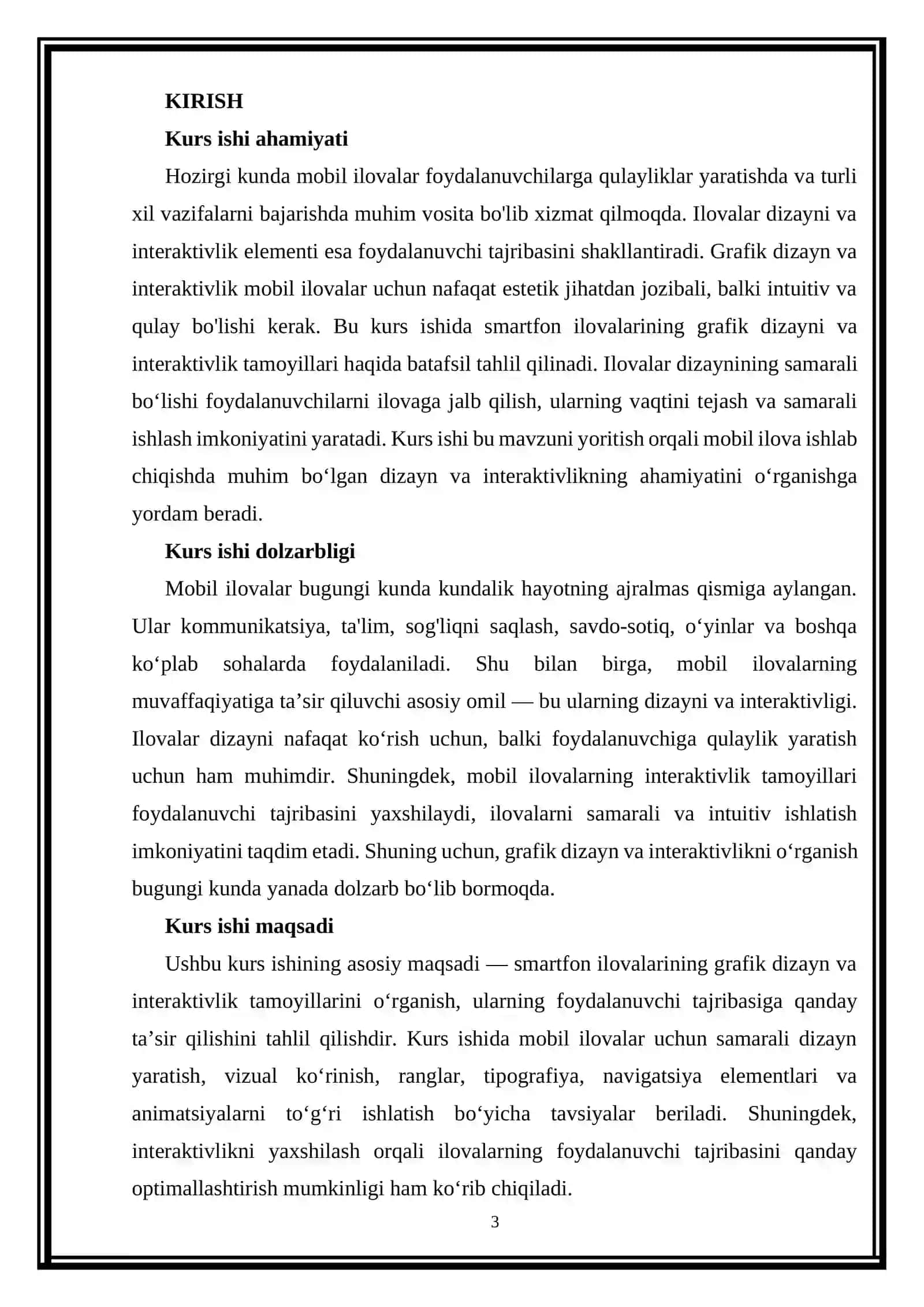 “Smartfon ilovalari uchun grafik dizayn va interaktivlik” KURS ISHI 3