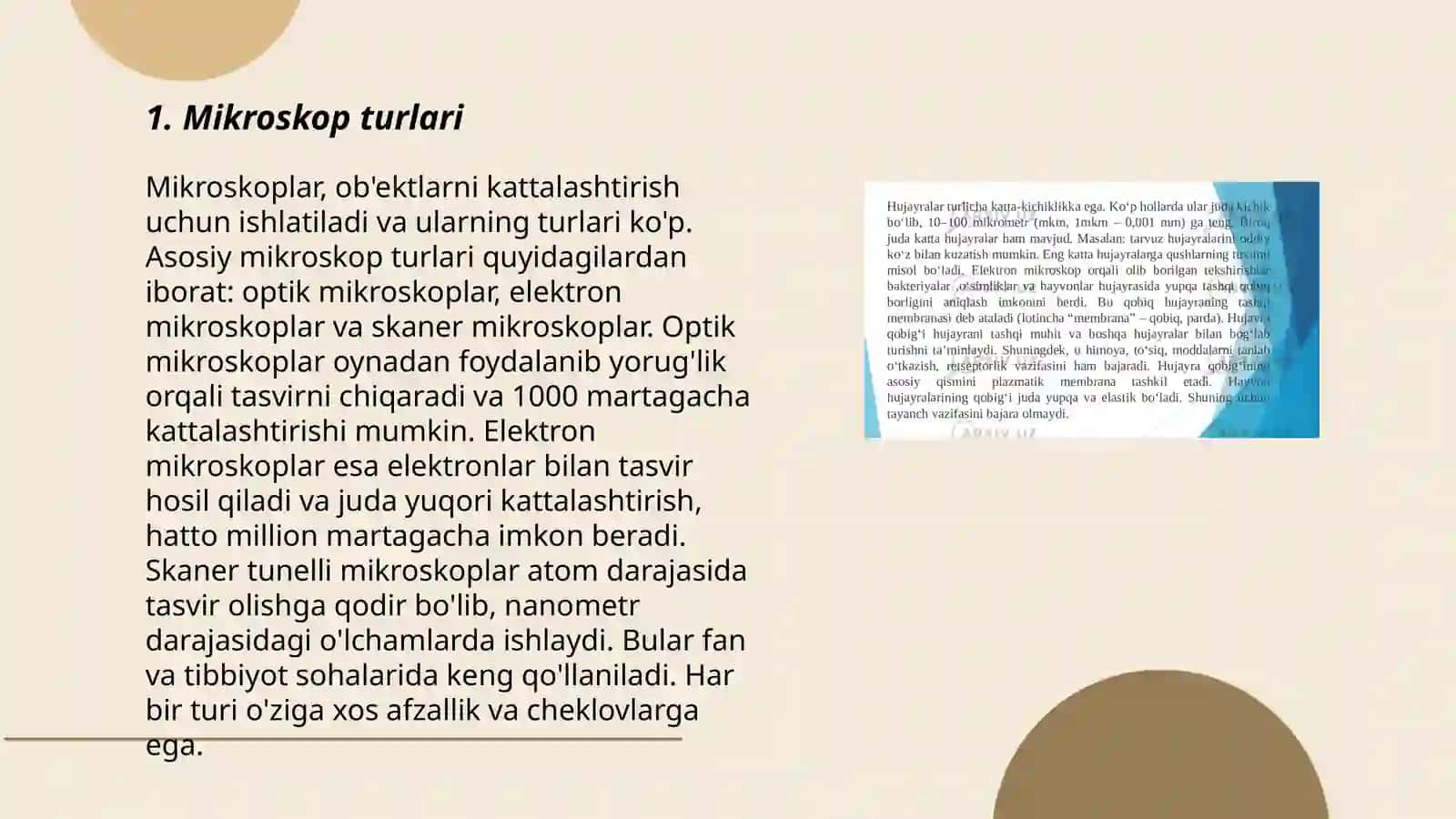 Mikroskop. Mikroskop bilan ishlash qoidasi. Vaqtinchalik preparatlar tayyorlash. Viruslar. Pro-eukariot hujayralar. Ularning o'ziga xos umumiy tuzilishi va farqlari. Eukariot hujayralarning ultrastrukturaviy tuzilishi. Hujayra membranasi uning nozik tuzilishi va hujayraga moddalaming kirishi 3