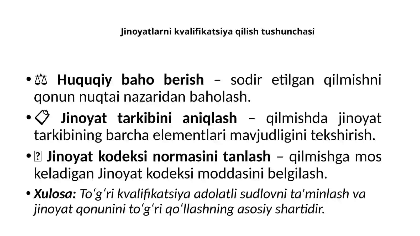 Jinoyatlarni kvalifikatsiya qilish tushunchasi  Mohiyati  Turlari  Bosqichlari  Mantiqiy usullari  Ahamiyati 3