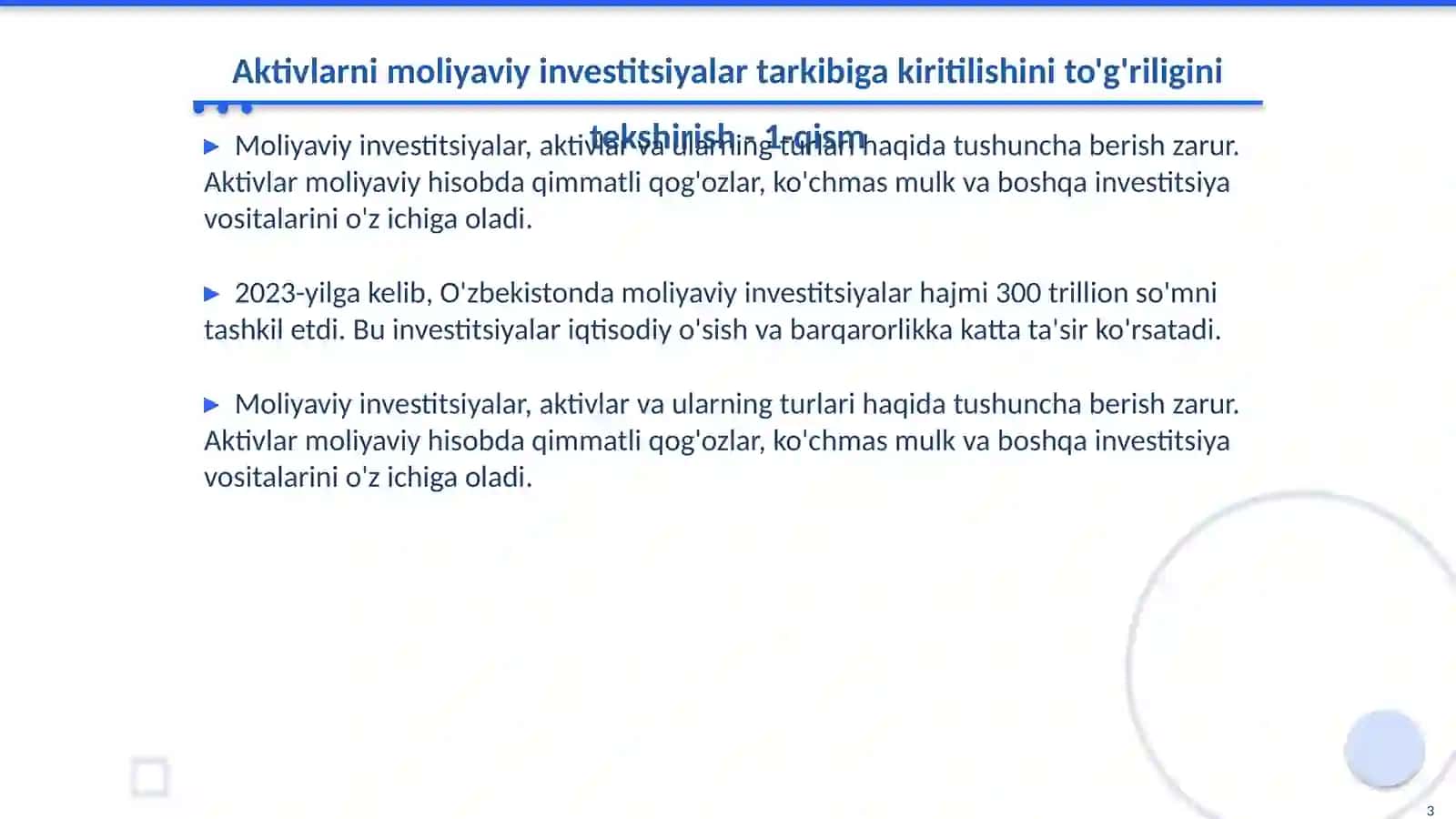 Aktivlarni moliyaviy investitsiyalar tarkibiga kiritilishini to'g'riligini tekshirish 3