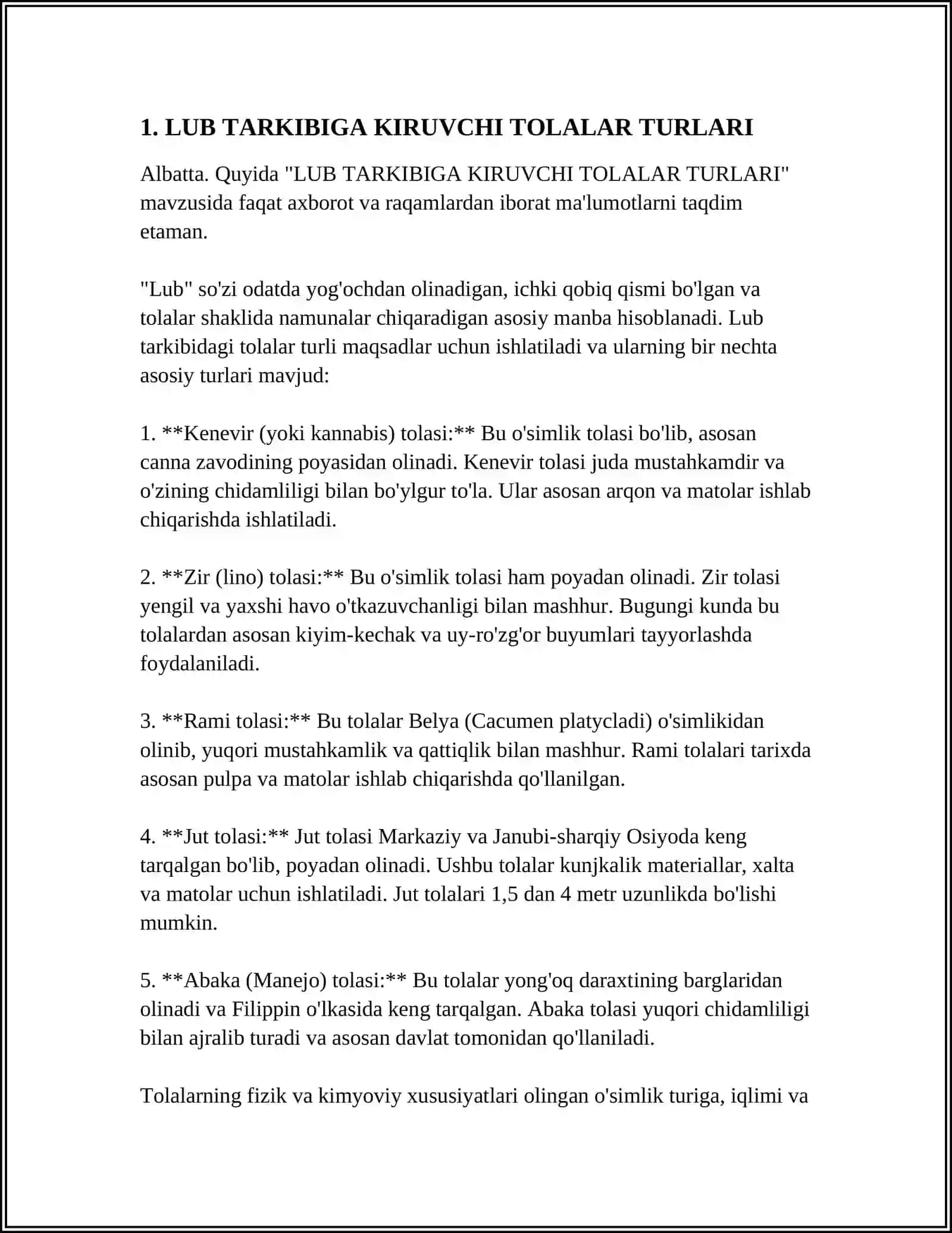 LUB TARKIBIGA KIRUVCHI TOLALAR ASSORTIMENTI BO'YICHA INTERNET MALUMOTLARIDAN FOYDALANISH 3