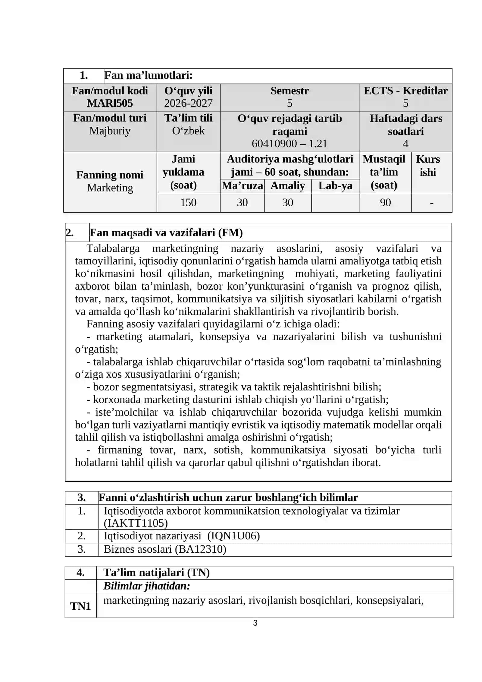 MARKETING ASOSLARI FANINING OʻQUV DASTURI 3