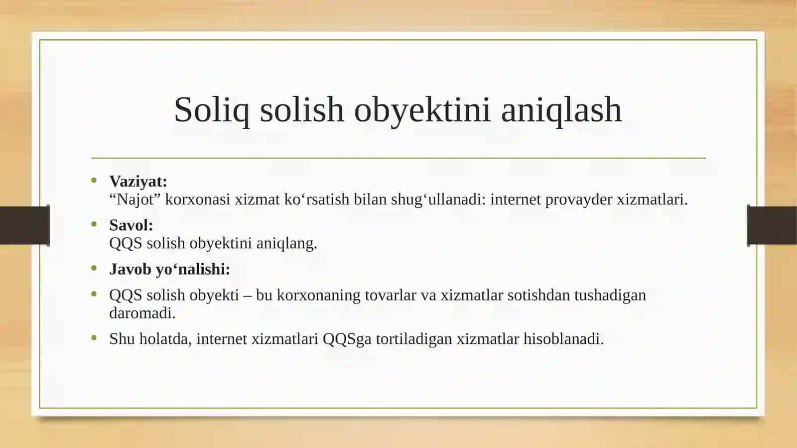 QQS TO’LOVCHILAR, SOLIQ SOLISH OBYEKTLARI, SOLIQ IMTIYOZLARINI QO’LLASH, HISOBOTNI TUZISH VA TAQDIM ETISH 3
