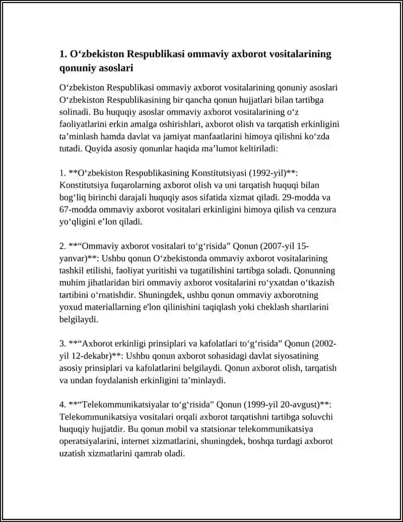 O'zbekiston Respublikasi ommaviy axborot vositalarining qonuniy asoslari 3