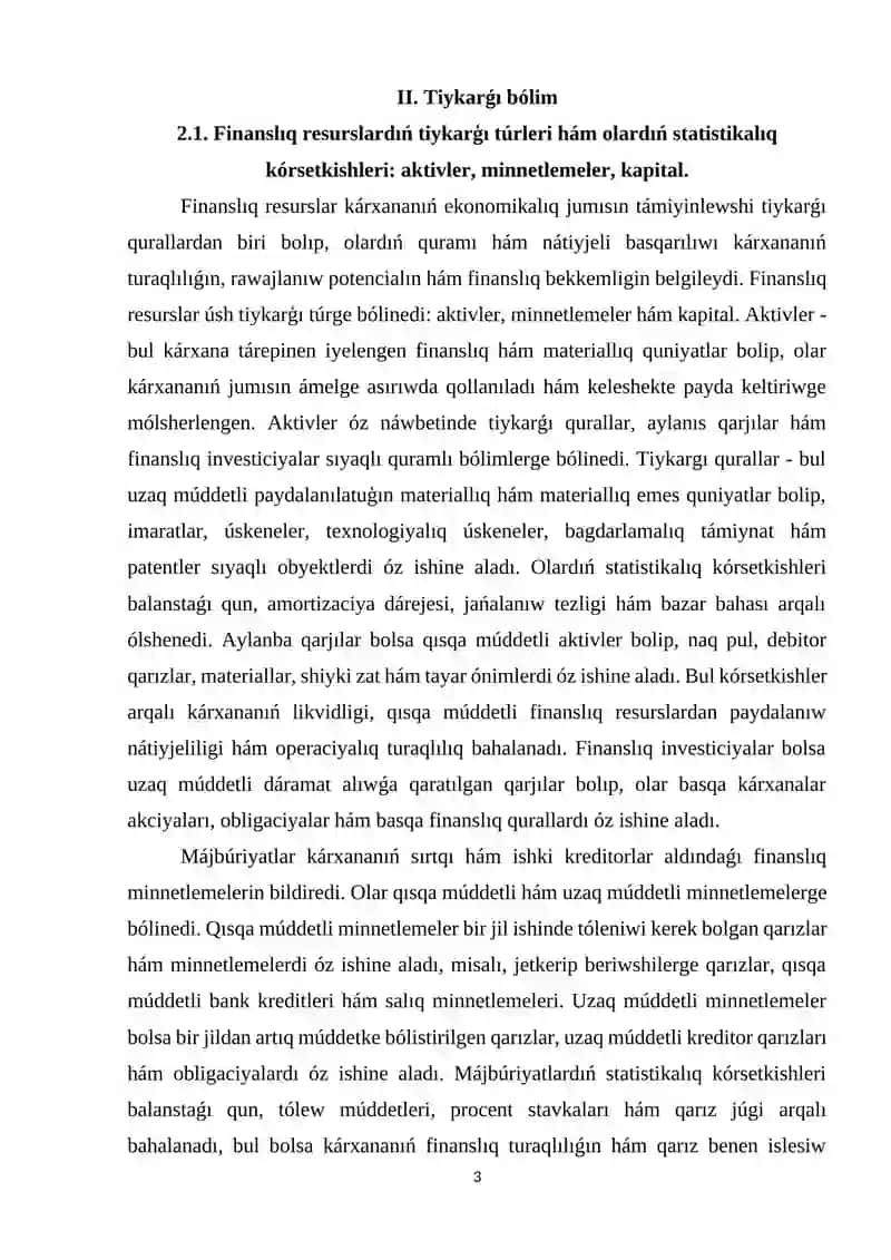 Finanslıq resurslardıń tiykarg‘ı statistikalıq ko‘rsetkishleri hám kárxananıń finanslıq jaǵdayı 3
