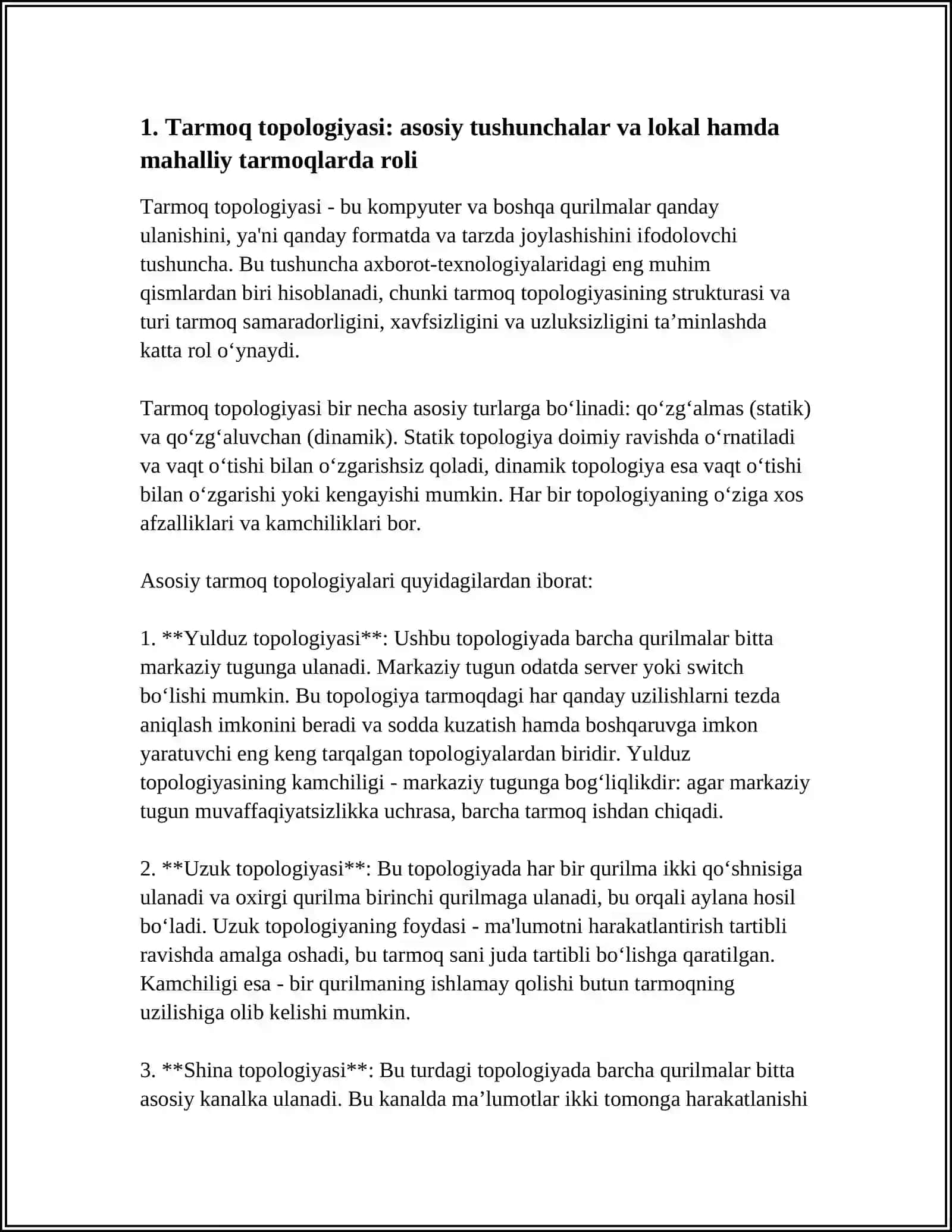 TARMOQ TOPOLOGIYASI LOKAL VA MAHALLIY TARMOQ ORQALI AXBOROTLAR ALMASHISH 3