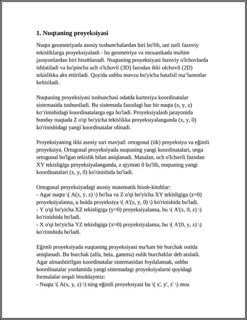 NUQTA, TOʻGʻRI CHIZIQ VA TEKISLIK PROYEKSIYALARI.METRIK VAPOZITSION MASALALAR 3