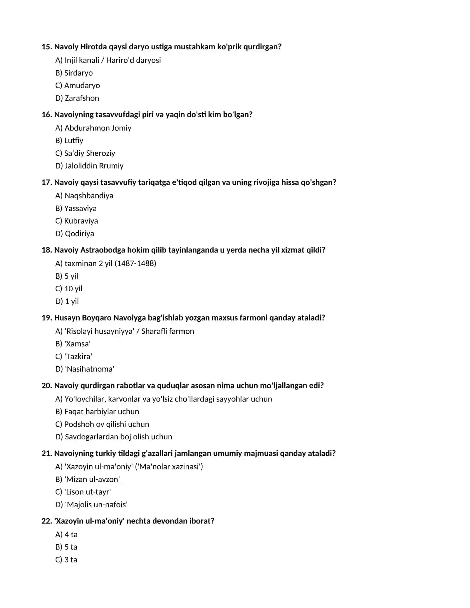 ALISHER NAVOIY HAYOTI VA IJODI (Maktab darsligi asosida 100 talik test va javoblar) 3