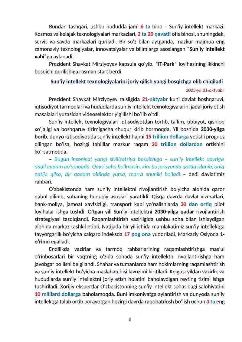 OʻZBEKISTON RESPUBLIKASINING SIYOSIY – IJTIMOIY, IQTISODIY HAYOTIDA HAFTA DAVOMIDA RO‘Y BERGAN VOQEALAR YUZASIDAN “MA’RIFAT DARSI” MASHGʻULOTLARINI OʻTKAZISH UCHUN MAʼLUMOT 3