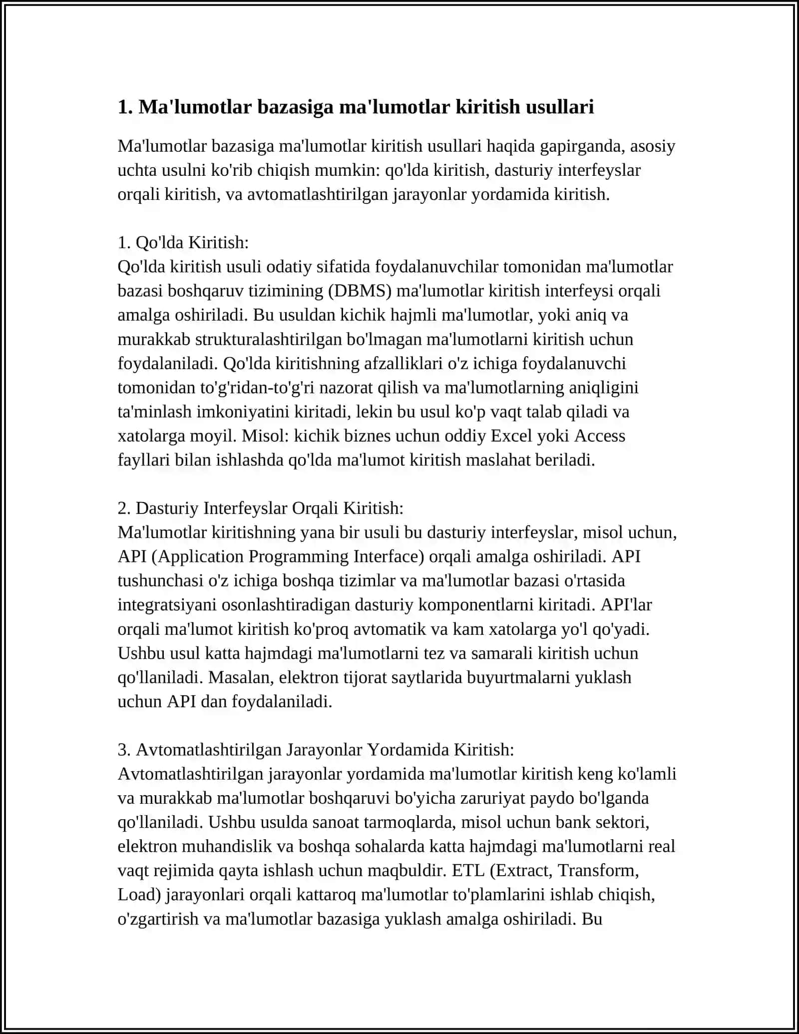 MUSTAQIL ISH Mavzu: MAʼLUMOTLAR BAZASIGA MAʼLUMOTLAR KIRITISH,JADVALLAR, SOʻROVLAR,SHAKLLAR,XISOBOTLAR VA MODULLAR BILAN ISHLASH 3