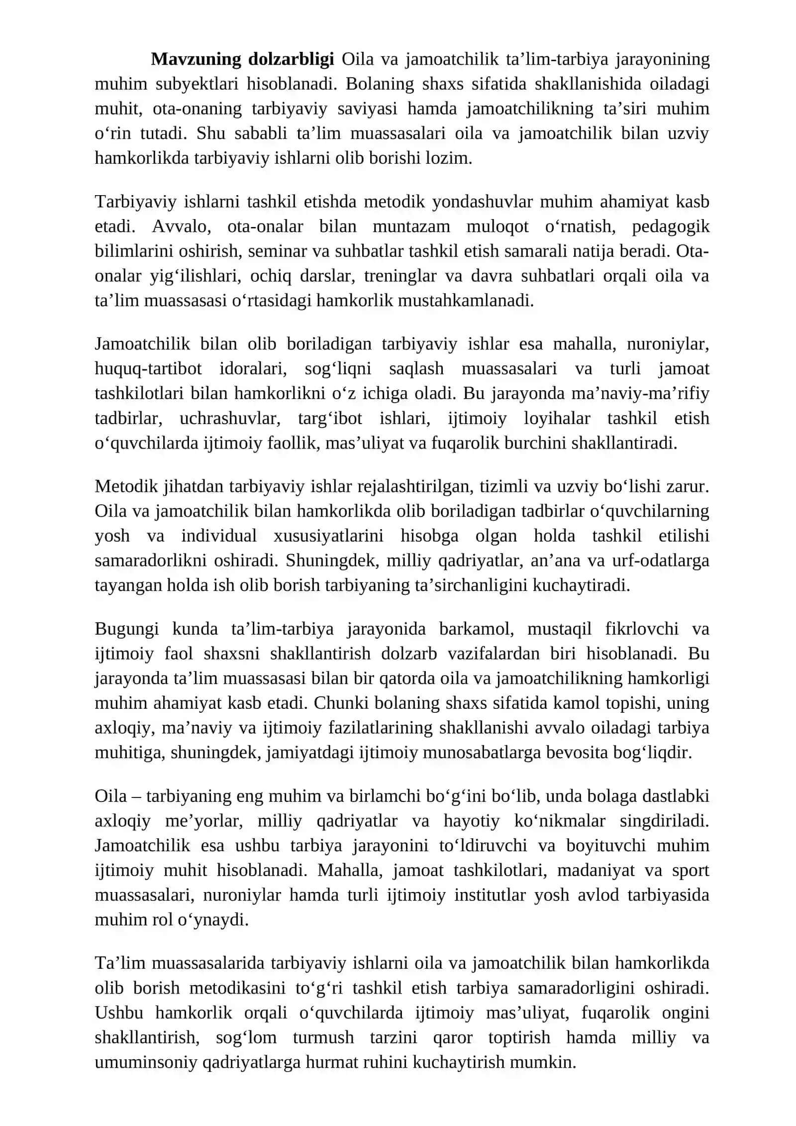 "Boshlang‘ich ta’limda oil ava jamiyat bilan birga olib boriladigan tarbiyaviy ishlar metodikasi" 3