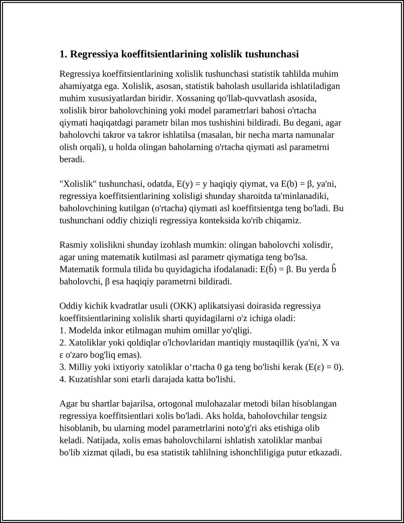 REGRESSIYA KOEFFITSIENTLARINING XOLISLIGI. REGRESSIYA KOEFFITSIENTLARINING ANIQLIGI 3