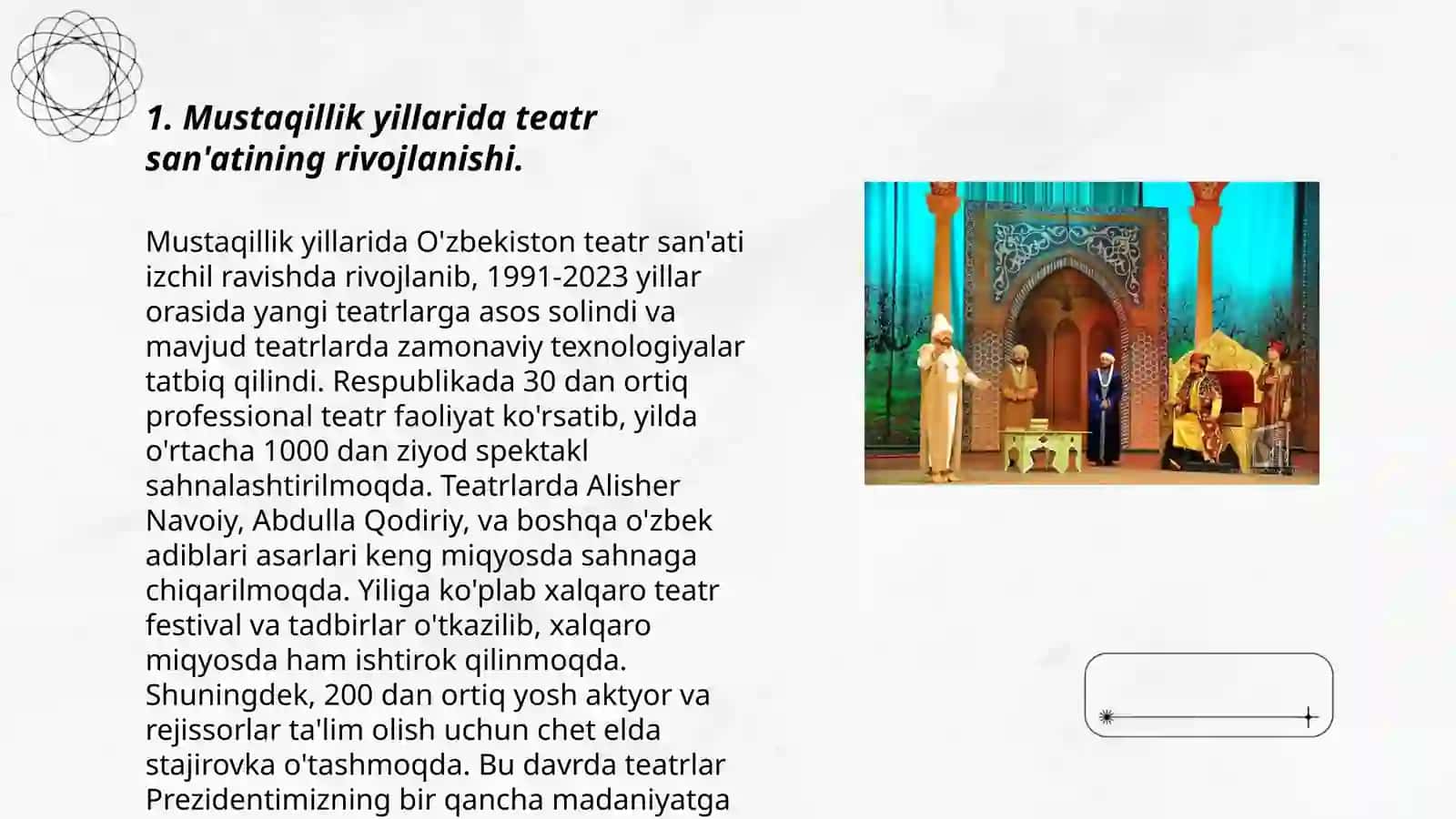 Mustaqillik yillarida teatr, kino va musiqa sanati. Yutuqlari va muammolari 3