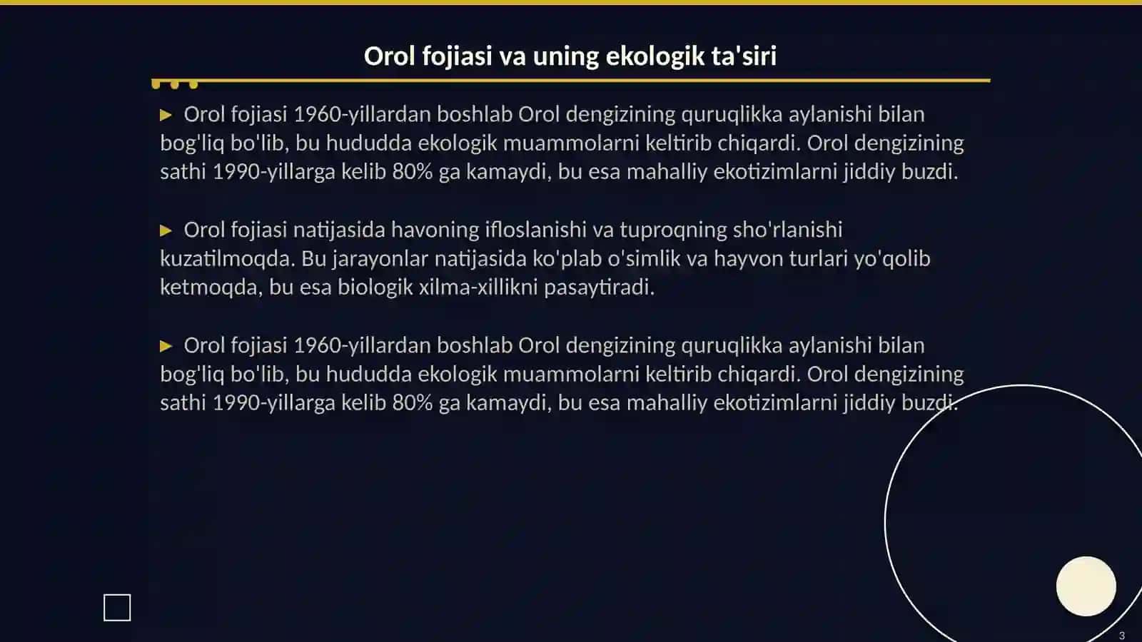 Oʻzbekiston ekologik muammolar va ularning yechimlari: Orol fojiasi misolida.Atrof muhitni muhofaza qilish boʻyicha davlat dasturlari 3