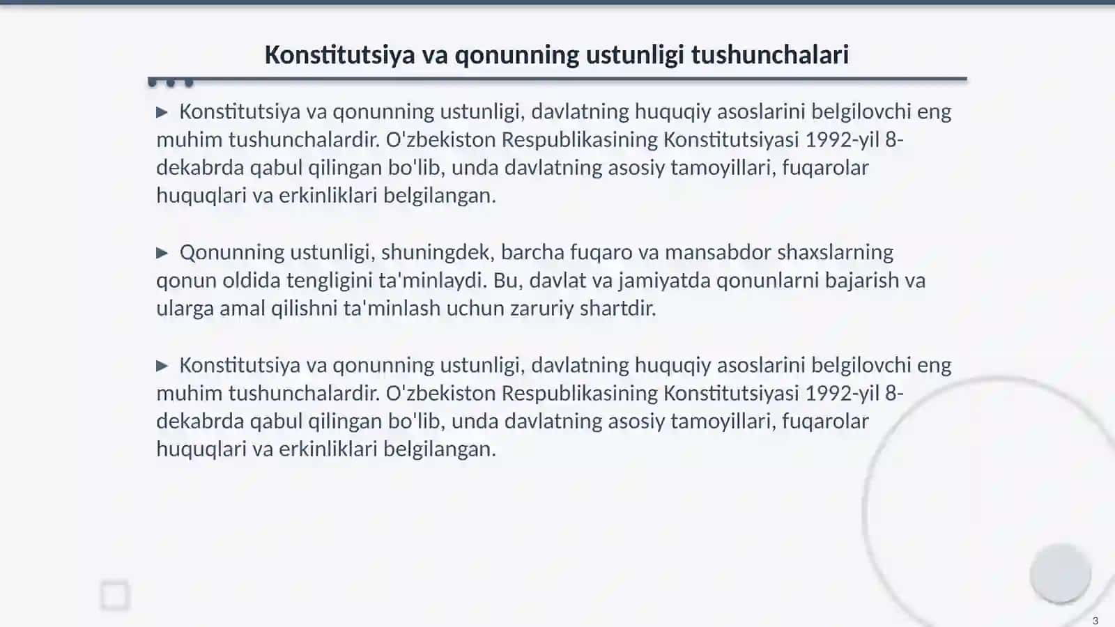 Konstitutsiya va qonunning ustunligi hamda ularning tan olinishi va bajarilishi shartligi 3