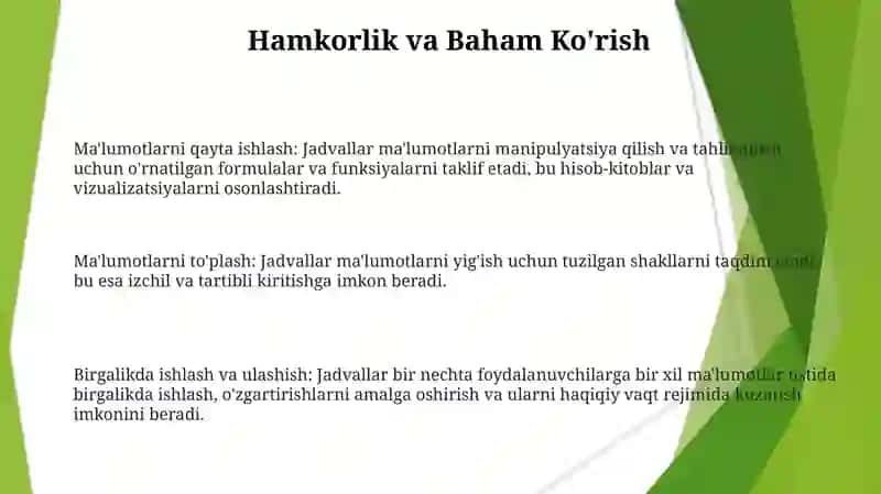Elektron jadval prosessorlarda ma'lumotlarni yiĝish va ularni qayta ishlash 3