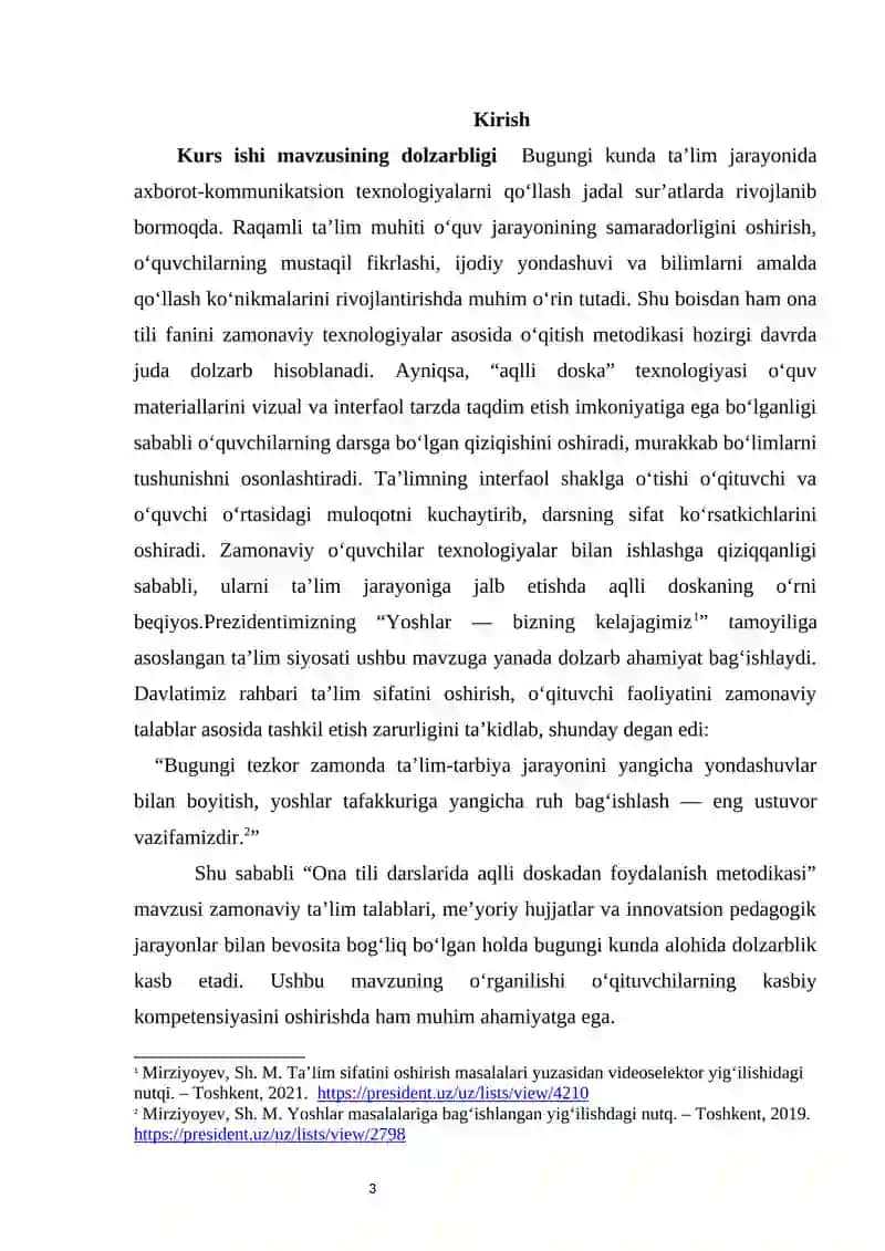 Ona tili darslarida “Aqlli doska”dan foydalanish metodikasi.        kurs ishi 3