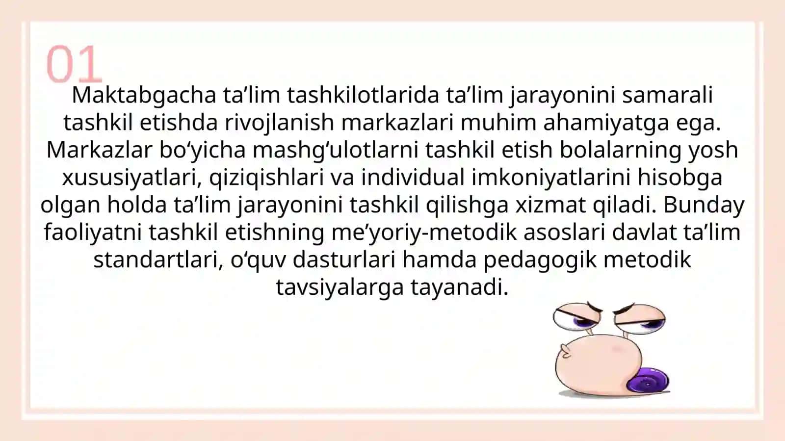 Maktabgacha talim tashkilotlarida markazlar bo‘yicha mashg‘ulotlarni tashkil etishni qo‘llashning me’yoriy-metodik asoslari. Mavzusida taqdimot 3